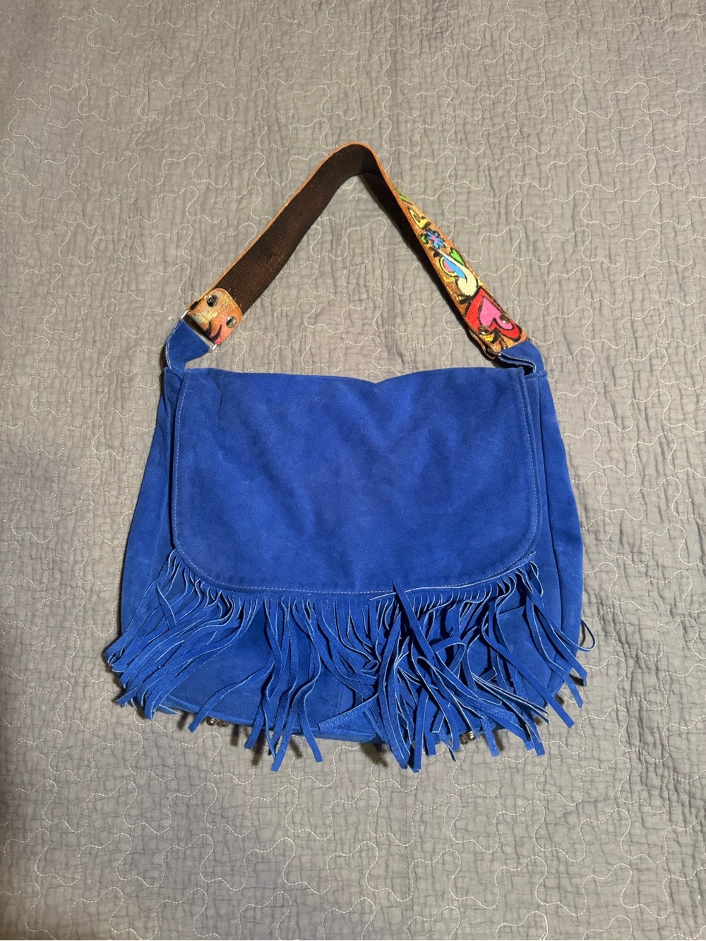 Katie Kalsi Blue Suede Fringe Shoulder Bag with hand painted Peace Strap